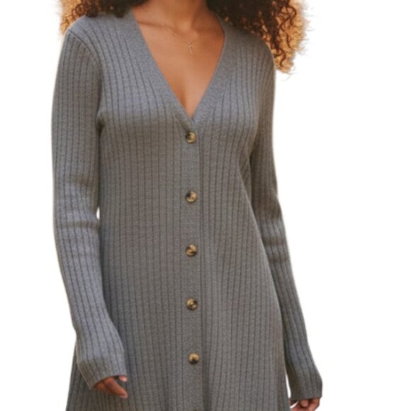 Pink Rose Grey Ribbed Knit Button Accent Sweater Midi Dress Fall Winter XL - Picture 4 of 7